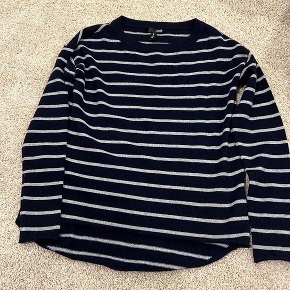 Navy and grey striped cashmere sweater.